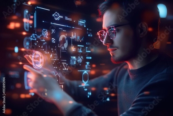 Fototapeta financial assistant and holographic display.