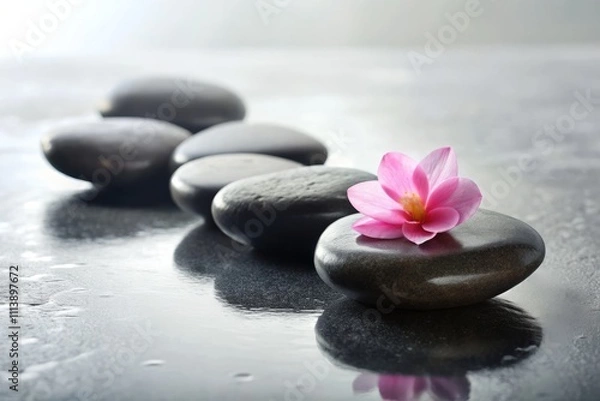 Fototapeta Tranquil Arrangement of Smooth Spa Stones and a Delicate Pink Flower on a Textured White Surface for a Serene Spa Atmosphere