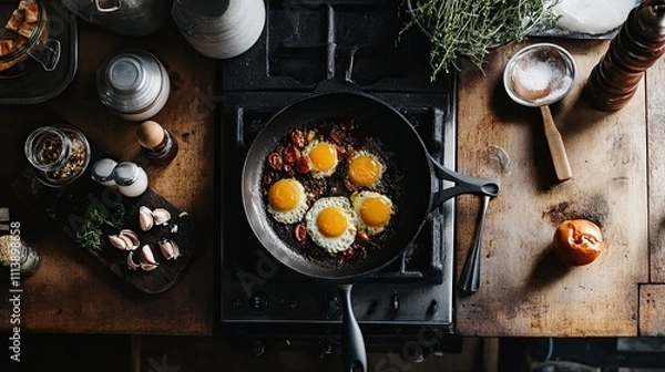 Fototapeta Overhead view of fried eggs with tomatoes in a cast iron skillet on a rustic kitchen counter.