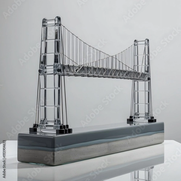 Fototapeta Glass sculpture of Deployable Bridge weapon, concrete gray to metallic silver gradient, detailed segments and cables, against gray background, generative ai
