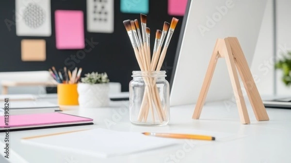 Fototapeta Creative workspace with art supplies and computer display in a modern office