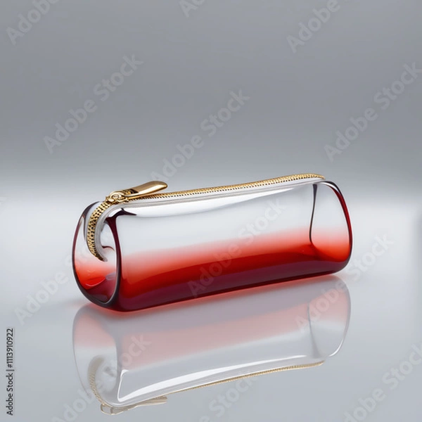 Fototapeta Glass Pencil Case Sculpture, Transparent Glass with Gradient Red Body and Gold Zipper Handle, Generative Ai