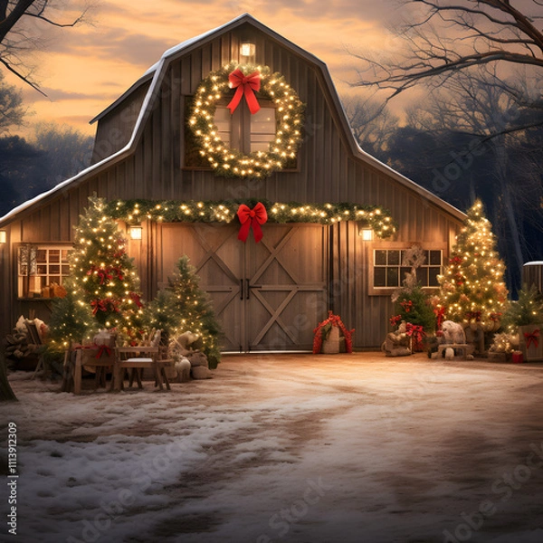Fototapeta A Rustic Barn Adorned with Christmas Lights and Wreaths
