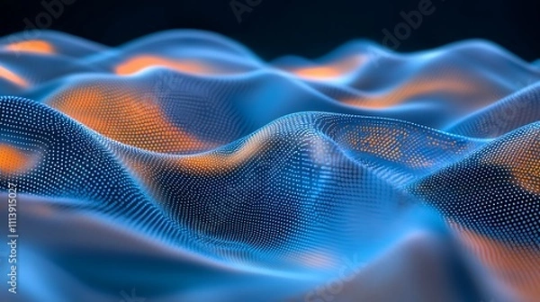 Fototapeta Abstract Wavy Surface with Neon Lights and Dots in Blue and Orange Tones for Futuristic Backgrounds