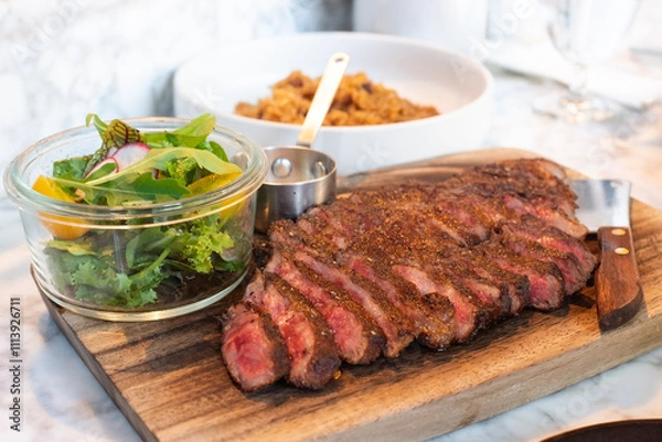 Fototapeta Japanese Wagyu steak with salad and fat beef fried rice