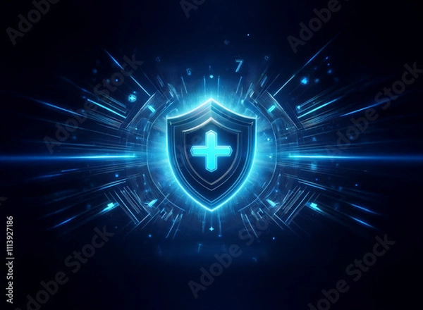 Fototapeta A glowing blue shield with a plus sign at its center, surrounded by a futuristic technological design, symbolizes protection and digital health.