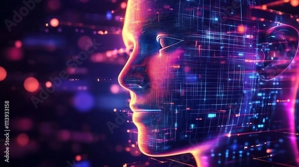 Fototapeta Digital face with glowing neon grid and futuristic light effects image