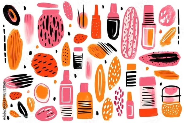 Fototapeta Tropical leaf colorful doodle set. Vibrant colored summer design elements and abstract organic shapes collection. Vector illustration
