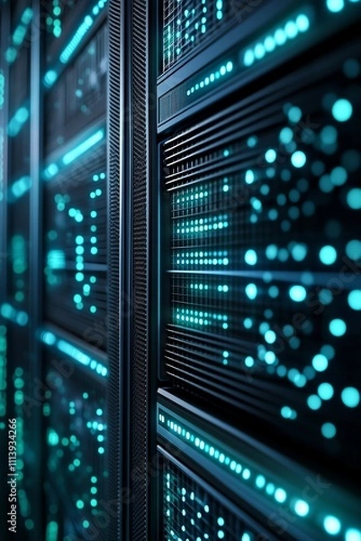 Fototapeta Close-up of glowing server racks in a data center, showcasing modern technology infrastructure.