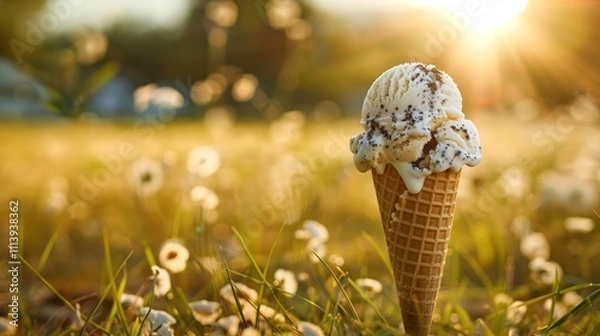 Fototapeta An ice cream cone sits in a sunlit field filled with flowers, evoking a sense of summer joy.