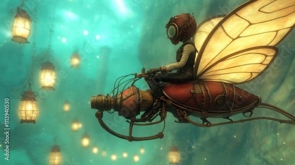 Obraz Steampunk Insect Rider Navigating Enchanted Glowing Lantern Forest