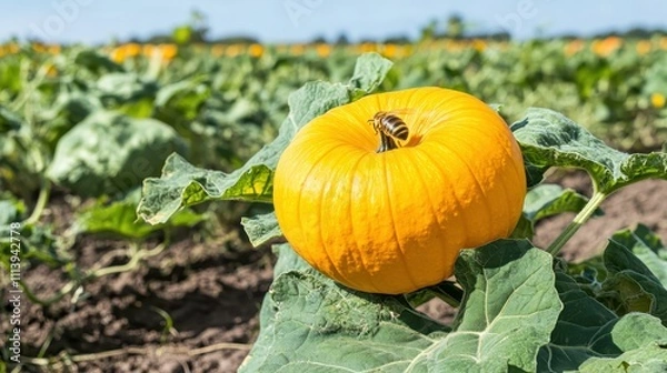 Fototapeta Bright Pumpkin with Bee in a Sunny Field