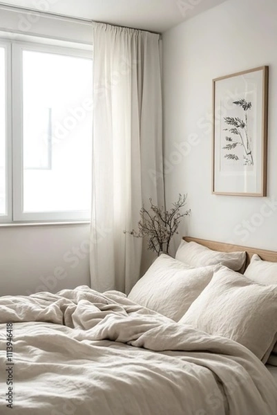 Obraz Minimalist bedroom with neutral tones, natural light