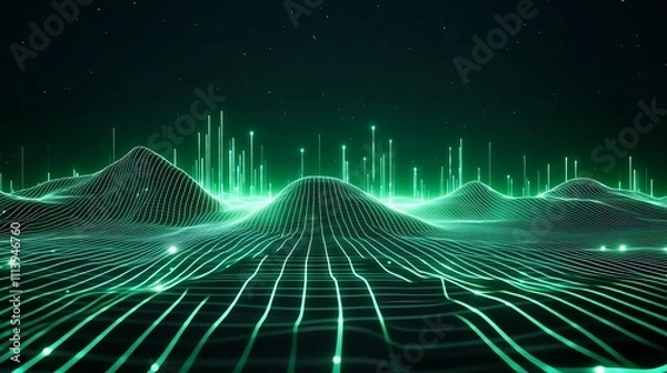 Fototapeta Neon Green Abstract Landscape with Digital Waves and Data Points Forming a Futuristic Scene