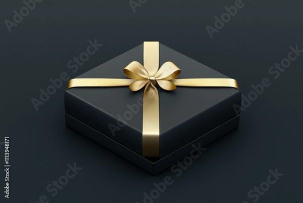 Fototapeta Black gift box with a gold ribbon, minimalist style on black background