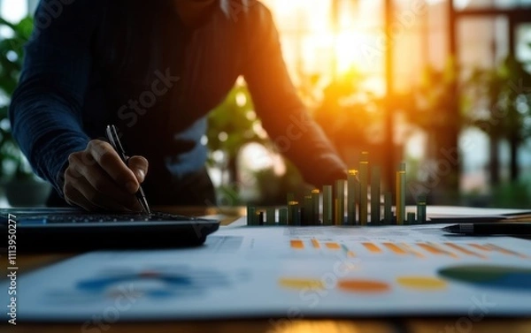 Obraz A person analyzes financial data on a desk, using charts and a calculator, with a warm sunset glow in the background, suggesting productivity and focus.