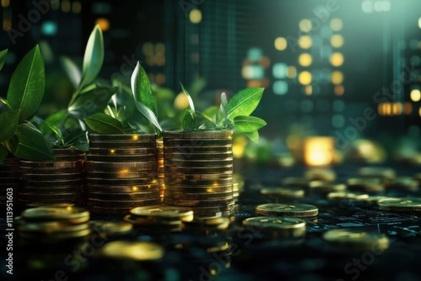 Fototapeta A vibrant display of coins surrounded by lush green plants, symbolizing growth, wealth, and the harmony of nature and finance.