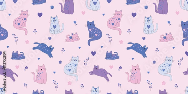 Obraz Adorable Cats and Hearts Pattern for Valentine's Day