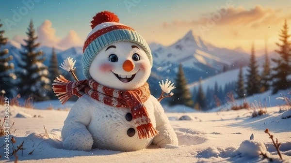 Fototapeta Winter holiday banner - Close-up of a laughing snowman in a wool hat and scarf, on a snowy landscape with bokeh lights and sunlight