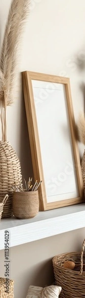 Fototapeta Cozy minimalistic interior with wicker baskets, pampas grass, and an empty wooden frame.
