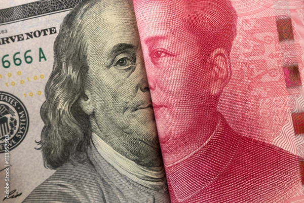 Obraz America dollar and Yuan banknote with USA and China flags. Its is symbol for tariff trade war crisis between biggest economic country in the world.