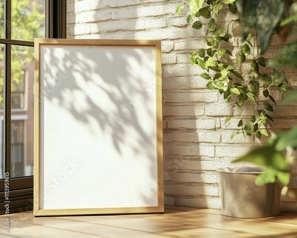 Fototapeta Wall art empty picture frame mockup on wooden desk, wall, table. Vase with olive branches, cactus. Elegant working space, home office concept.