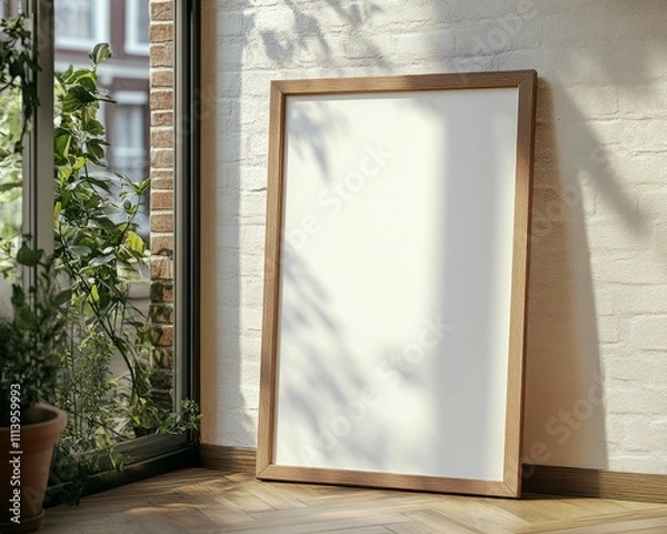 Fototapeta Wall art empty picture frame mockup on wooden desk, wall, table. Vase with olive branches, cactus. Elegant working space, home office concept.
