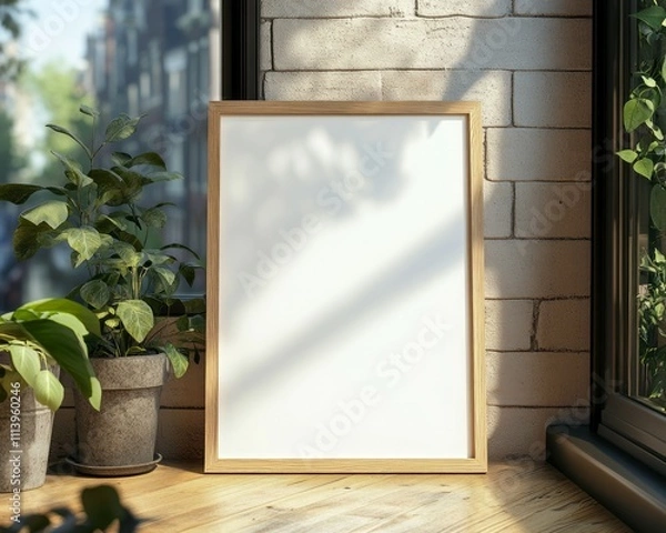 Fototapeta Wall art empty picture frame mockup on wooden desk, wall, table. Vase with olive branches, cactus. Elegant working space, home office concept.