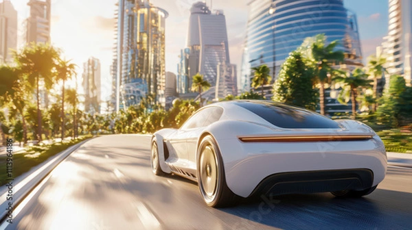 Fototapeta Futuristic vehicle gliding smoothly through vibrant cityscape, showcasing modern architecture and palm trees under bright sky