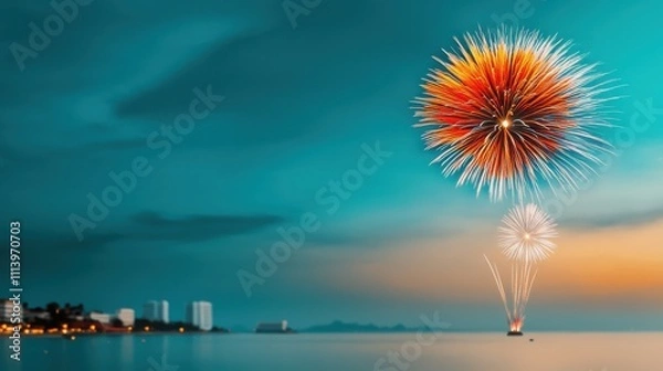 Fototapeta Vibrant Fireworks Illuminate Pattaya Bay at Twilight