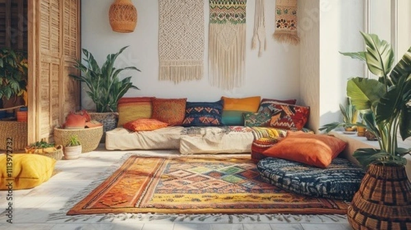 Fototapeta Bohemian Living Room Decor With Colorful Pillows And Plants