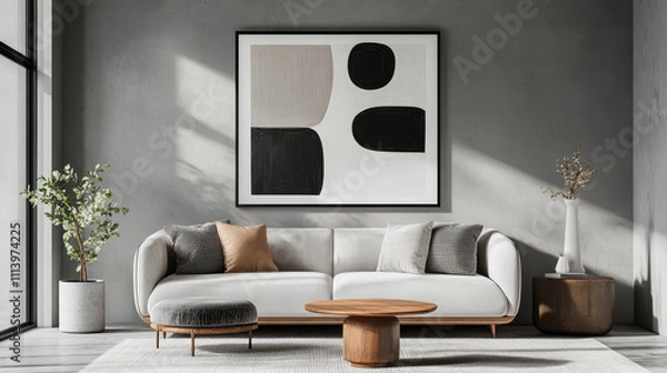 Fototapeta "3D rendering of a modern living room interior with a gray wall and an empty frame mockup for a poster. The scene includes a house background, showcasing minimalist design elements."

