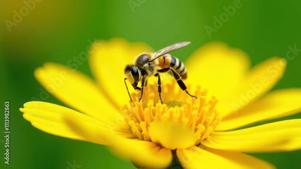 Fototapeta Honeybee collecting pollen on yellow flower in bright sunlight