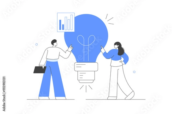 Fototapeta Characters Working in New Startup, Analyzing Data, Creating new Ideas. Business Missions, Creative Idea and Analysis Concept. Flat Cartoon Vector Illustration, icon. Stylish abstract