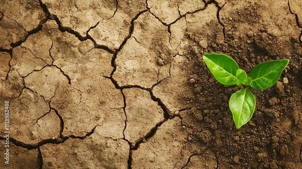 Obraz Small Green Plant with Three Leaves Growing in Cracked Dry Soil