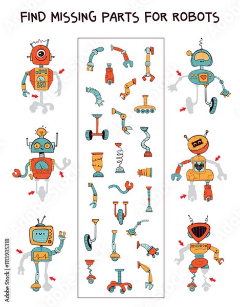 Obraz Find missing parts for the robots. Pick the right part. Funny cartoon characters. Educational game for kids. Attention task. Worksheet page. Activity book. Vector illustration. Isolated background