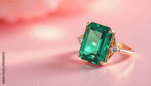 Obraz Beautiful gold ring with emerald,Photography of unique green emerald engagement ring design