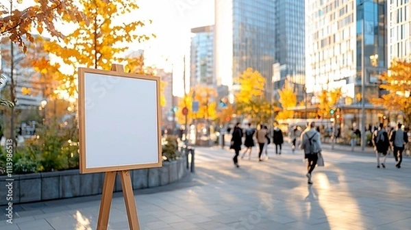 Fototapeta Advertise billboard display mockup concept. A blank easel in a bustling urban area during autumn with people walking by.