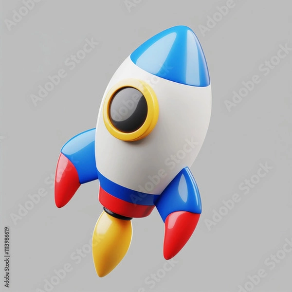 Obraz 3D Icon of a Colorful Cartoon Rocket, Playful and Modern Design on Gray Background
