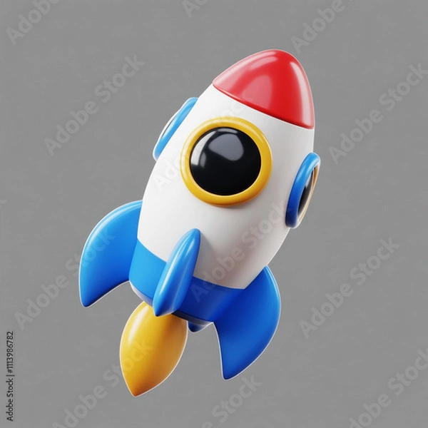 Obraz 3D Icon of a Colorful Cartoon Rocket, Playful and Modern Design on Gray Background