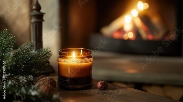 Fototapeta A scented candle with a cozy fragrance of roasted chestnut and vanilla, placed in a corner by the fireplace