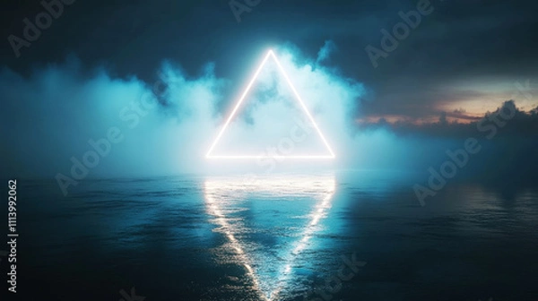 Fototapeta White Neon Glowing Triangle Over Reflective Surface in Foggy Night Atmosphere