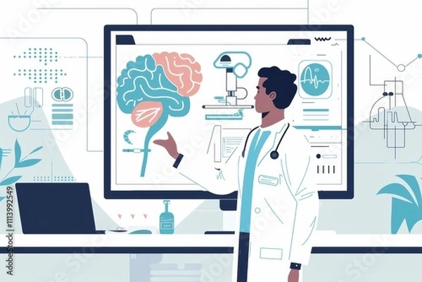 Obraz A doctor stands before a computer screen displaying a detailed brain diagram, engaged in analysis or discussion. Doctor using an AI based diagnostic tool .