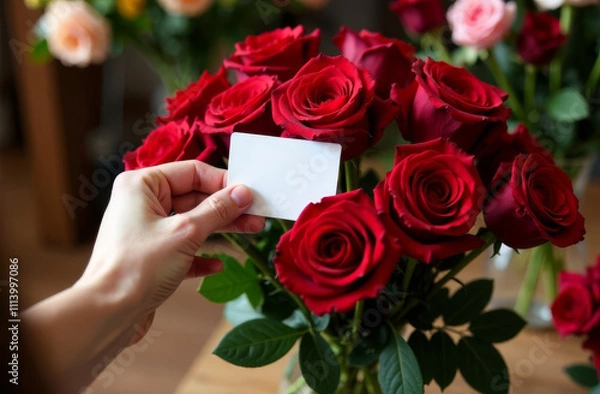Fototapeta A beautiful bouquet of red roses with a hand holding a blank card, ideal for Mother's Day promotions, flower delivery services, or heartfelt gifting ideas for special occasions