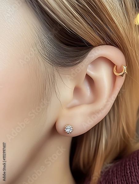 Obraz Close up of woman ear showcasing labret piercing and stud earring, highlighting elegance of jewelry and personal style