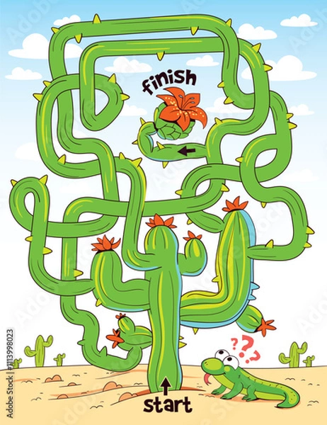 Obraz Children logic game to pass the maze. Help the lizard through the cactus maze. Educational game for kids. Choose right path. Funny cartoon character. Worksheet page