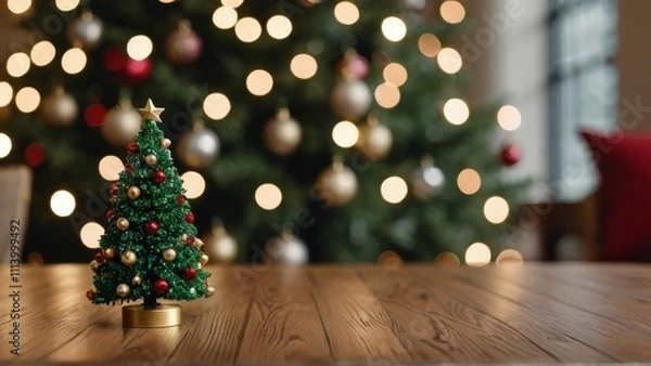 Fototapeta a wooden table in the foreground and a beautifully lit Christmas tree in the background. The bokeh effect from the Christmas lights creates a magical and festive atmosphere. adding a touch of holiday 