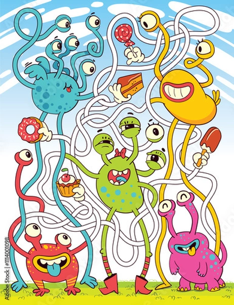 Obraz Children logic game to pass the maze. Find candy for the monster. Educational game for kids. Choose right path. Colorful cartoon characters. Funny vector illustration. Worksheet page