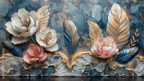 Obraz triptych panel wall art, marble background with feather and flower designs, wall decoration