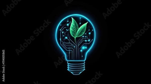 Fototapeta Vector illustration of a lightbulb with a digital circuit inside and a green leaf on the top, isolated on a black background